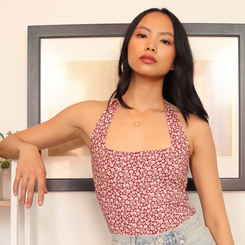 Free People Intimately Talk Back Red Floral Print Halter Bodysuit Size Small